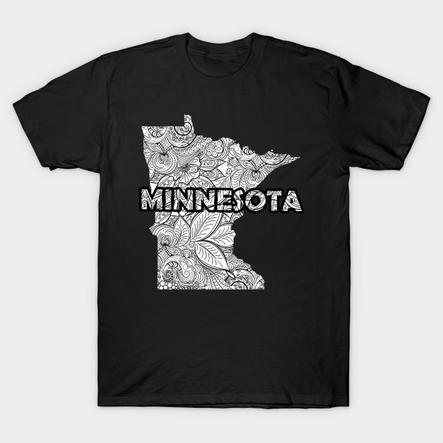 Mandala art map of Minnesota with text in white T-Shirt by Happy Citizen